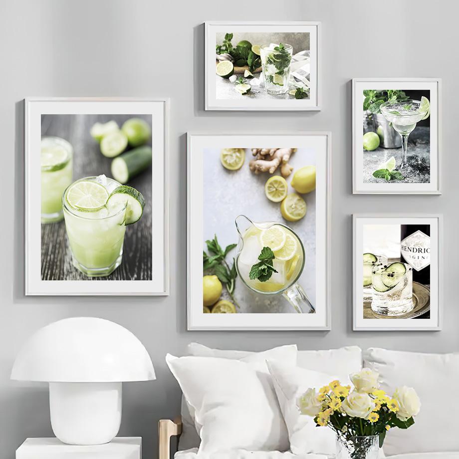 Modern Cocktail Lemon Cucumber Posters Prints Drink Mojito Martini Wall Art Canvas Painting for Bar Kitchen Room Home Decoration