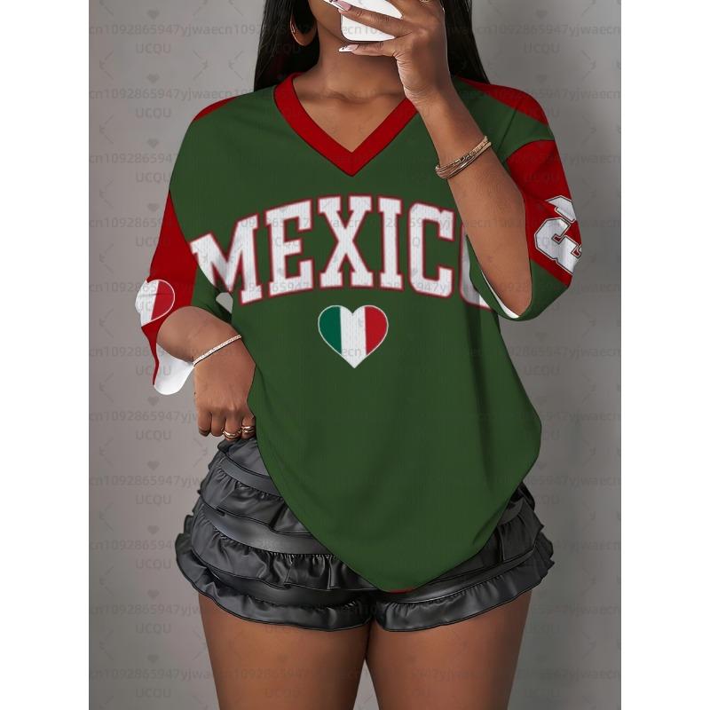 Women's Mexico Print V-Neck Short Sleeve T-Shirt Summer Graphic Tee Sport Jerseys Plus Size Men's T-Shirt