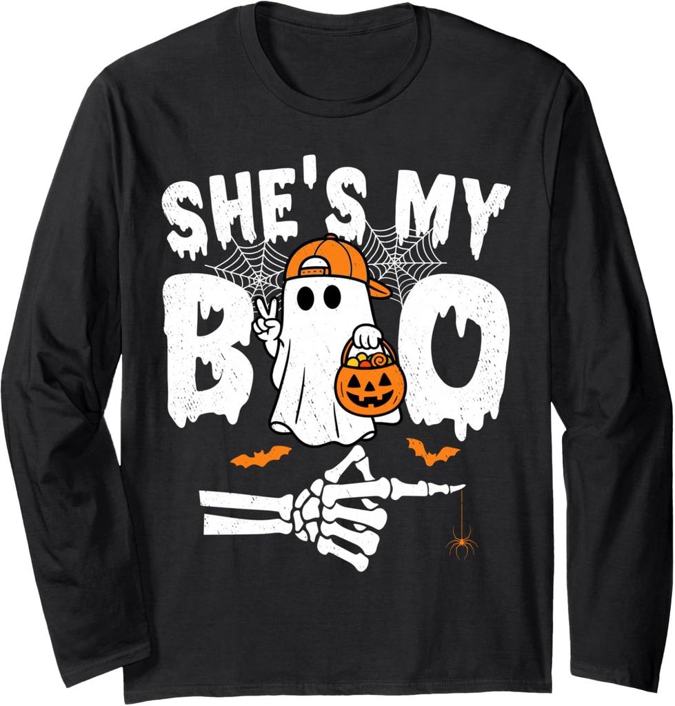 Hes My Boo Funny Matching Couple Halloween Outfit Long Sleeve T-Shirt