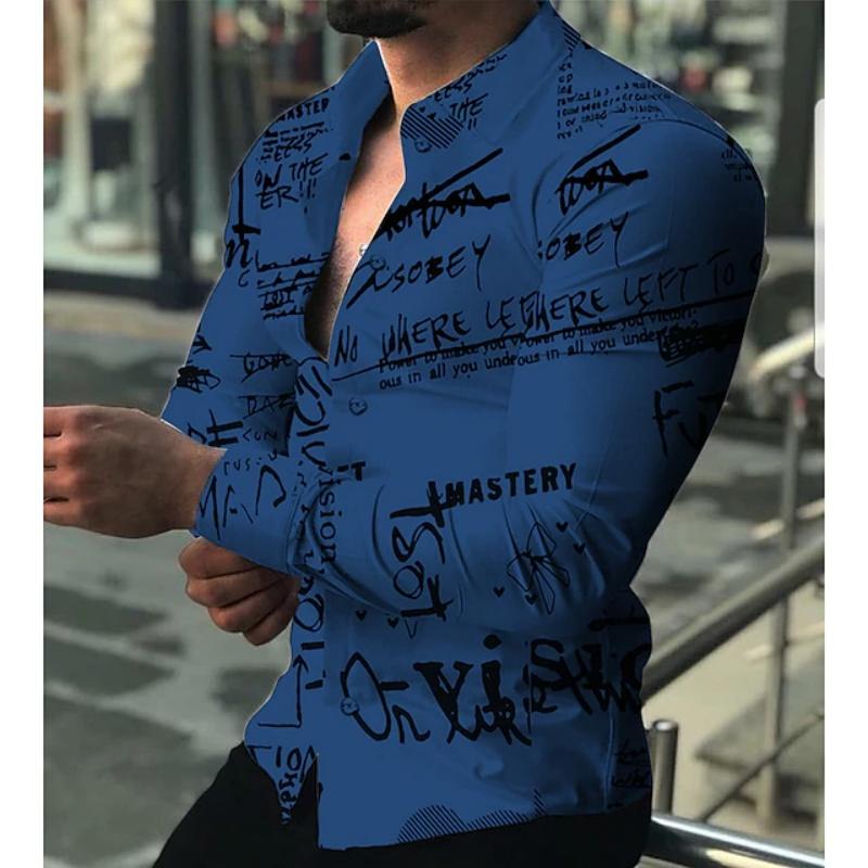 Men's Colorful Geometric Grid Long Sleeve Shirt with 3D Digital Printing Flip Collar, Party Trendy Men's Top