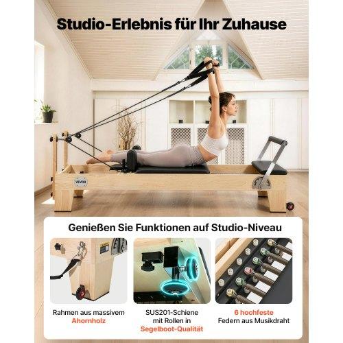 VEVOR Pilates Reformer Machine, Wooden Pilates Workout Equipment for Home Gym Studio Use, Pilates Bed with Dual Resistance- Spring & Cord