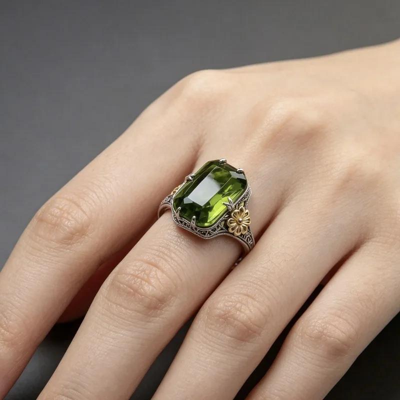 Vintage Olive Emerald Ring, Women's Exquisite Flower Carving, Wedding Party Jewelry