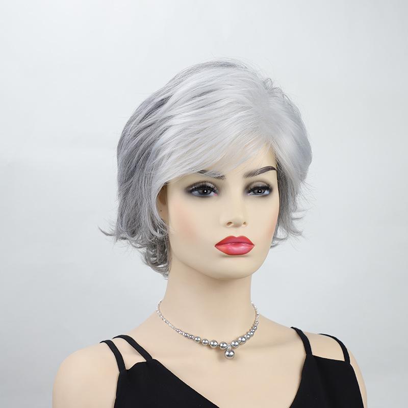 Women Mixed Gray Silver Curly Wigs with Bangs Grandma Synthetic Short Layered Hair Daily Party Cosplay Heat Resistant Fibre Wig