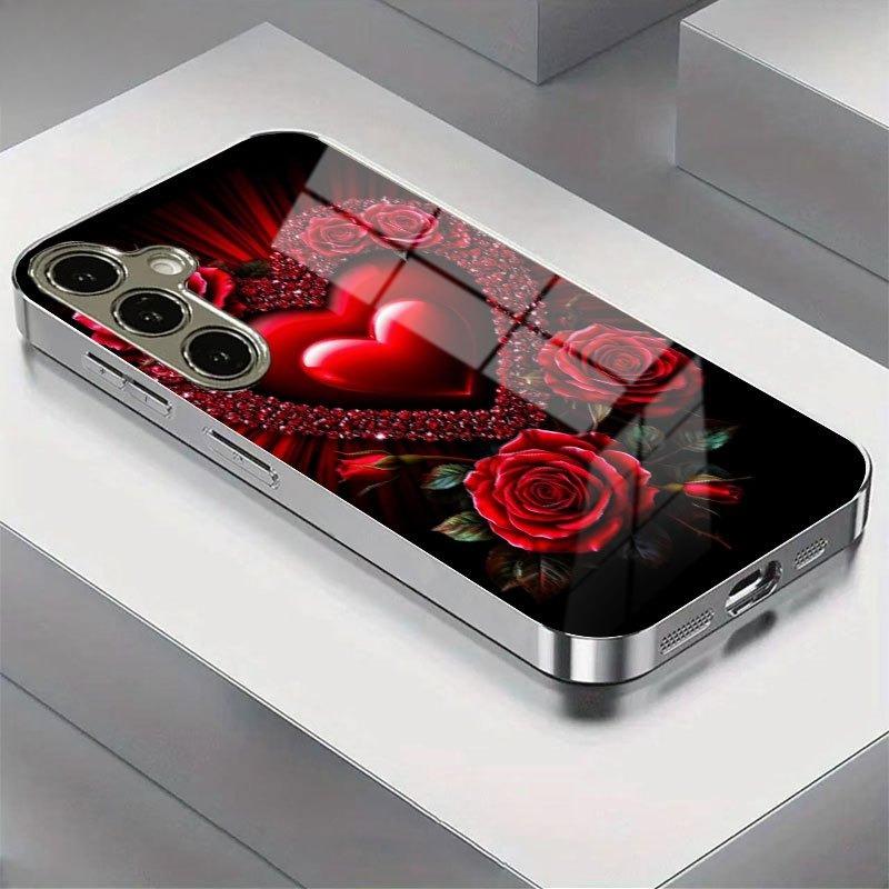 Gold-plated tempered glass phone case compatible Galaxy S26 S25 S24 S23 S22 Ultra Plus Features red rose sparkling heart design