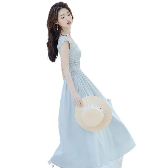 First love design dress women's summer waist drawstring splicing gentle wind waist thin temperament long skirt