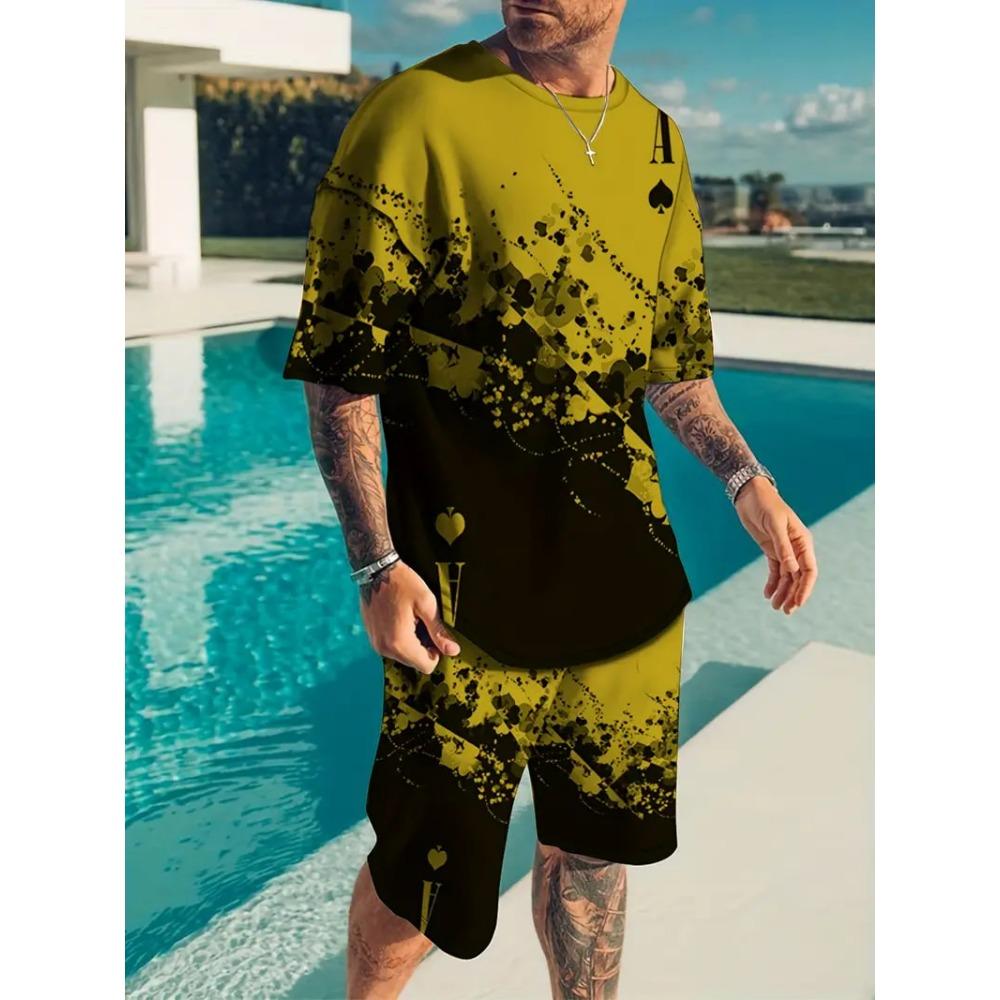 

Креативный узор игральных карт, мужская одежда, комплект из 2 предметов, 3D-принт, летняя повседневная футболка + шорты, уличный спортивный костюм с коротким рукавом 6XL