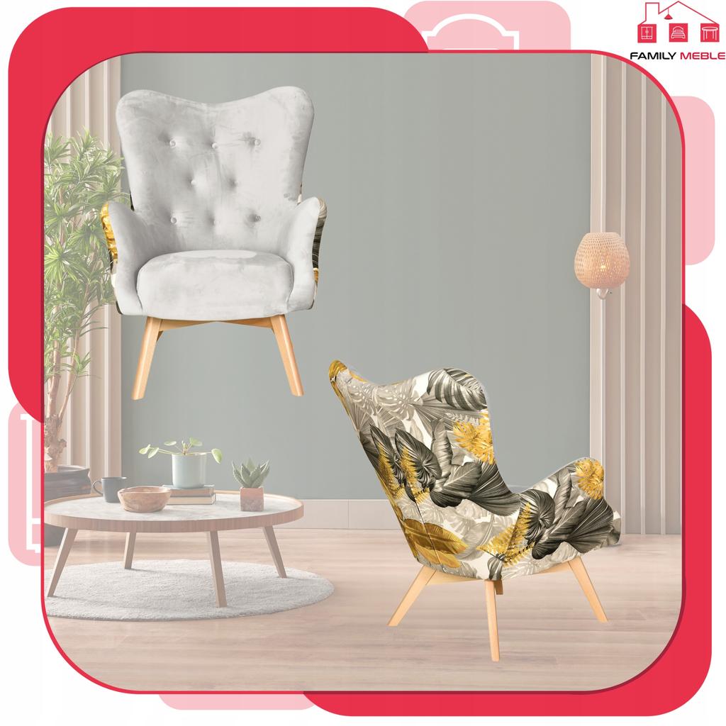 Fotel z pufą skandynawski uszak Luna Print Duo podnóżkiem Family meble szary