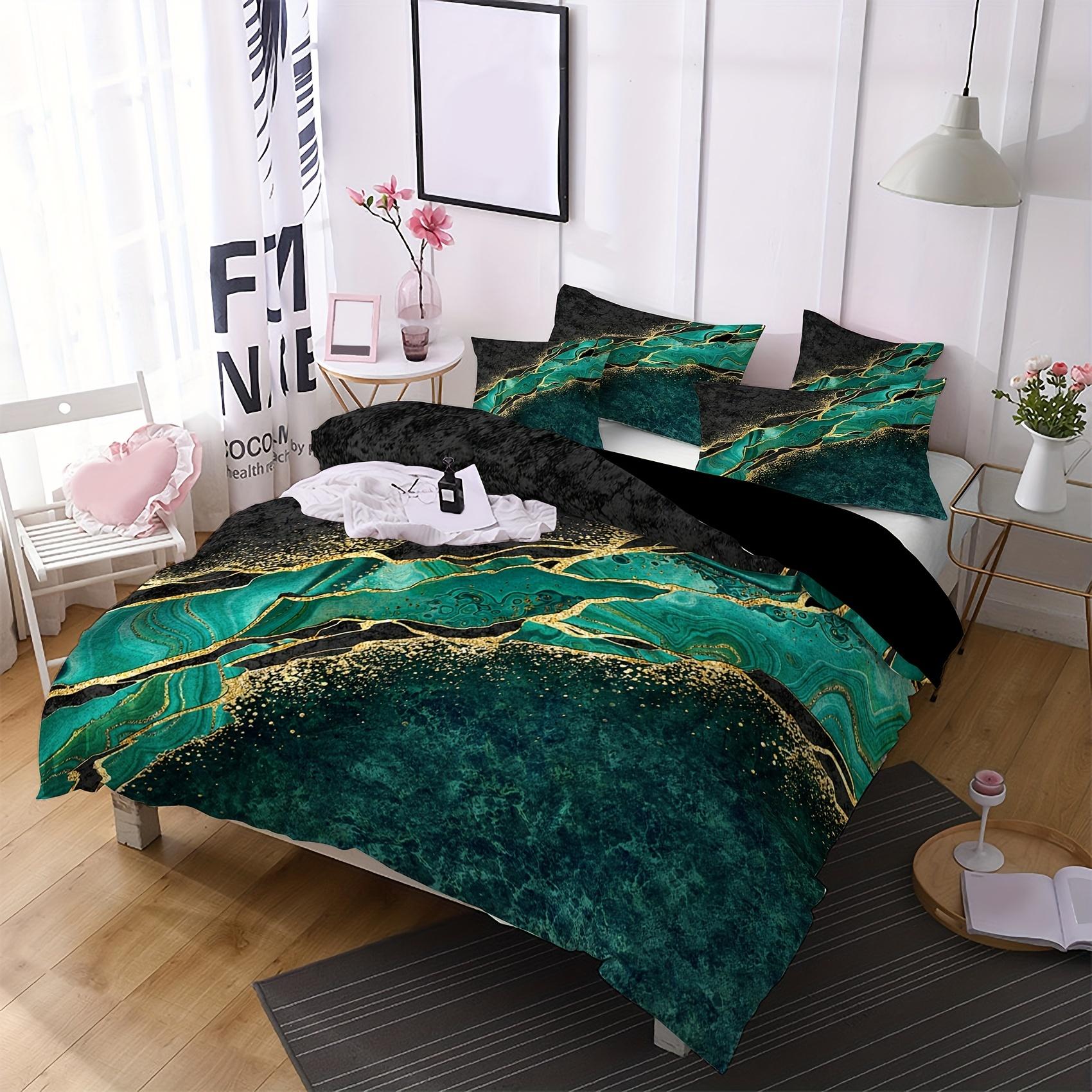 

Marble Pattern Bedding Set Green Black Golden Boy Quilt Cover Washable Microfiber Soft Comfortable 2/3Pcs Set Magical Gifts Duvet Cover Set&EU Single(135x200cm)