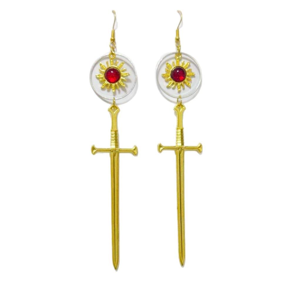 Dark Gothic Inlaid Red Crystals Gold Color Sun Sword Cross Dangle Earrings for Women Personality Retro Hallowmas Party Jewelry