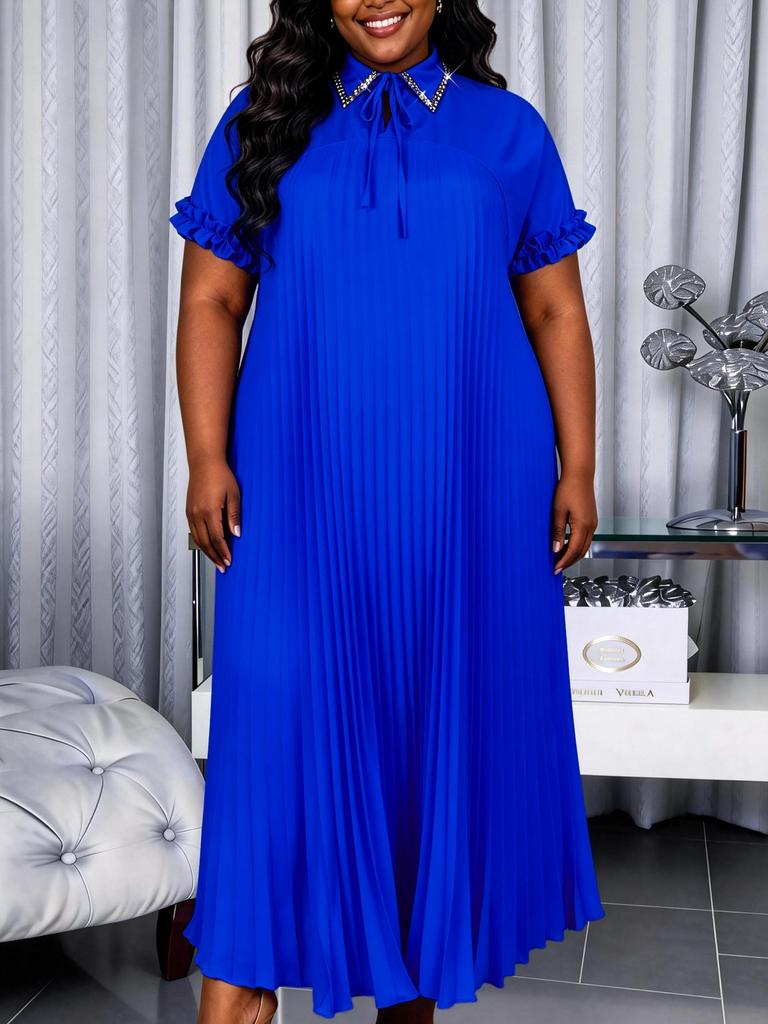 Plus Size Women's Orange Pleated Lapel Dress - Loose, Slimming, Long, Casual Skirt