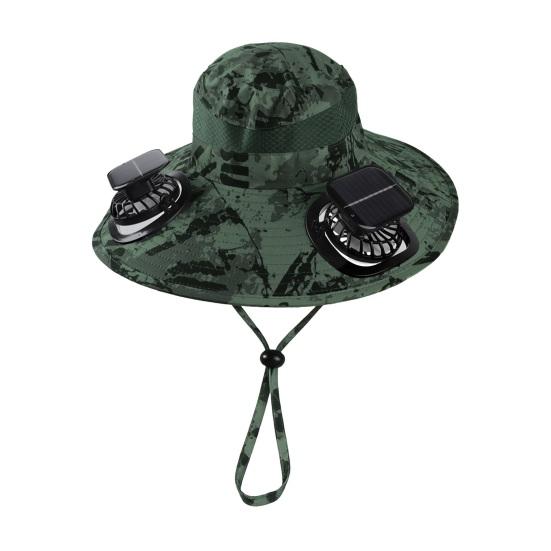 Fisherman Hat with Dual Brushless Cooling Forehead Neck Solar Fans UPF50 Anti-UV Fabric Wide Brim Adjustable