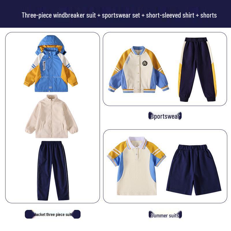 Children’s School Uniform Windbreaker Set for Spring and Autumn - Three-Piece Outfit for Kindergarten and Primary School