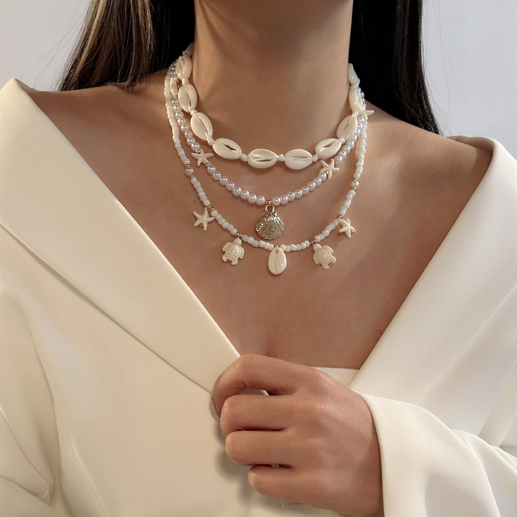 Shell Turtle Starfish Imitation Pearl Seed Bead Necklace 3-Piece Set Stacking Beach Vacation Style Accessory Daily Accessory