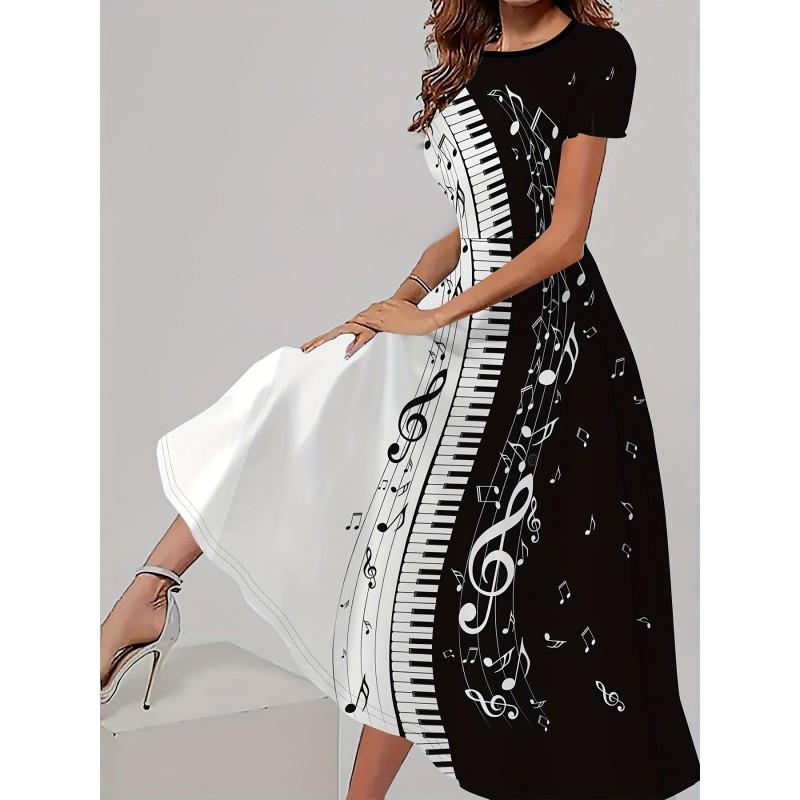 Womens Loose Fit Cotton Print Short Sleeve Round Neck Midi Dress Casual Wear