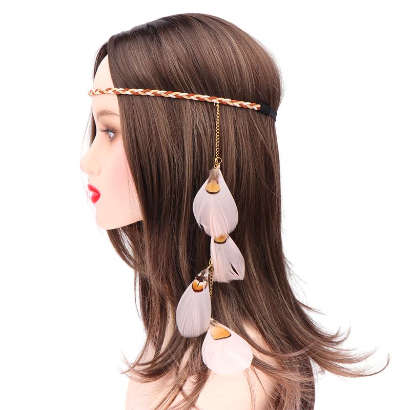 Винтажный головной убор из павлиньих перьев, плетеная веревочная повязка на голову, повязка на голову для женщин, бохо, головной убор из перьев, индийский головной убор, аксессуары для волос хаки