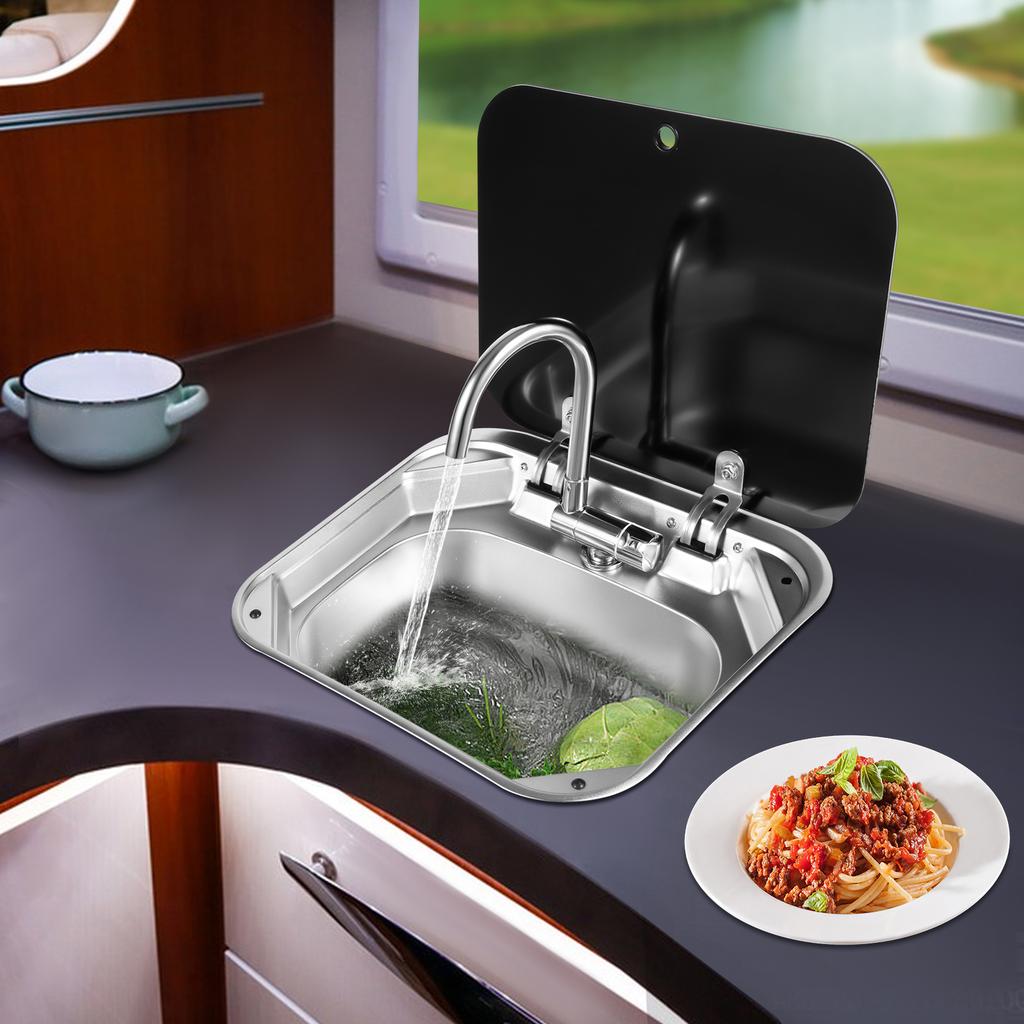 Stainless Steel RV Kitchen Sink with Faucet and Drainage Kit, Heavy-Duty Deep Hand Wash Basin for Camper Caravan Motorhome