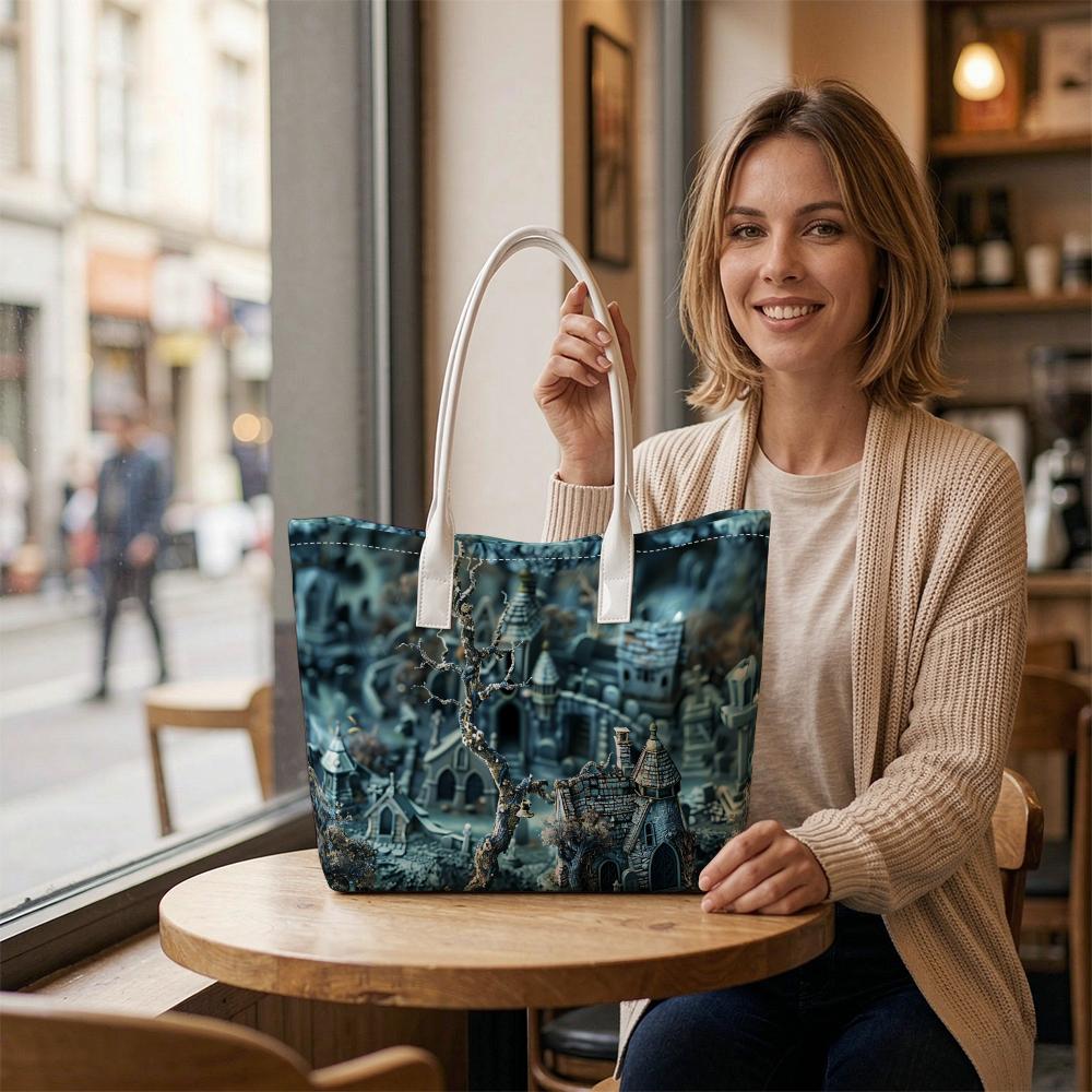 Halloween Dark Spooky Castle Printed Tote Bag Large Capacity Casual Shoulder Bag For Daily Use
