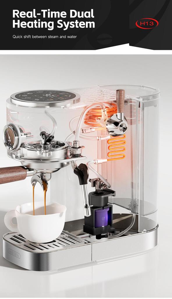 HiBREW H13 Semi-automatic Coffee Machine, Dual Boiler System with 20-Bar Pump Pressure, Multi-function Brewing Modes, Adjustable Drip Tray