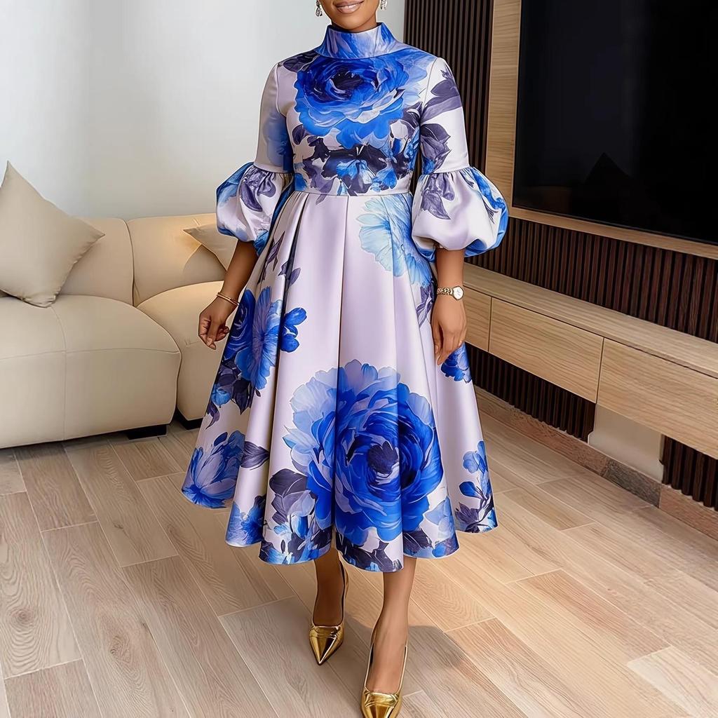 Französisches Retro-Kleid mit Puffärmeln und Blumenmuster - Elegantes Sommerkleid für Damen