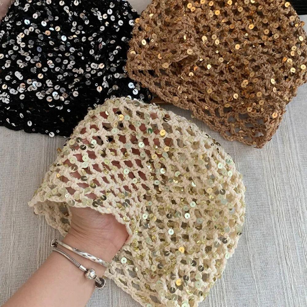 Retro Hollow Sequined Beanies Cap Korean Ear Protection Hat Fashion Knitted Hat For Women