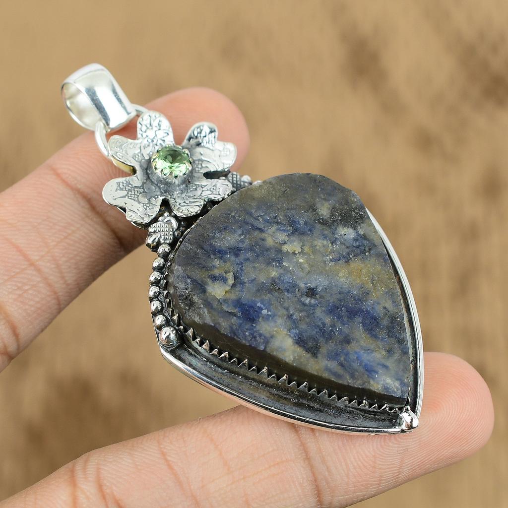 925 Silver Sodalite Rough Gemstone Green Amethyst Flower Ethnic Pendant Jewelry