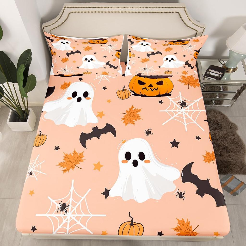 Gothic Spooky Bedding Set Pumpkin Lantern Cute Halloween Bed Sheets for Kids Boys Teens,Ghost Spiderwebs Fitted Sheet Black Cat Cobwebs Bats