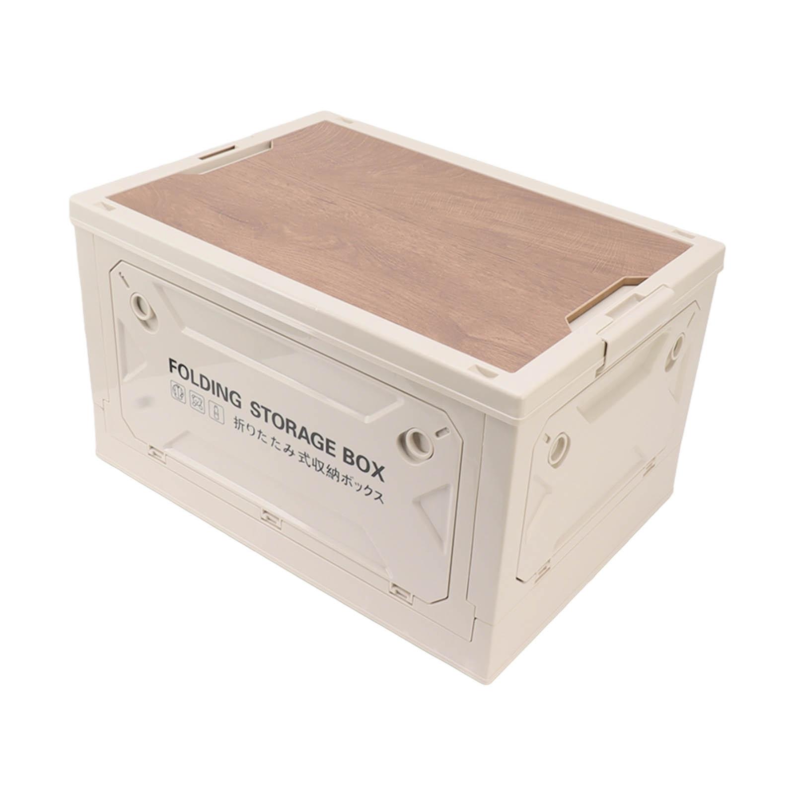 Foldable Storage Box 50L Large Capacity Collapsible Storage Bin Container with Wheels and Wooden Lid for Outdoor Camping Picnic