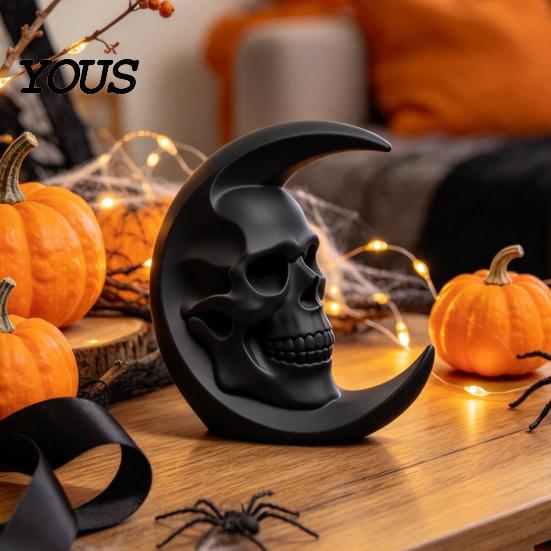 DIY Blank Skull Sculptures 3D Printed Moon Figurine, Gothic Crescent and Unique Ornaments Sculpture, Vintage Desktop Statue for Halloween Desk