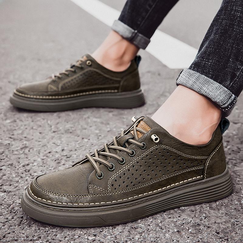 Nuevas Tendencias de Moda Casual para Hombre Zapatos de Cuero Suela Gruesa Zapatilla de Caña Baja Transpirable Suave Huella Exterior Antideslizante Zapatos Cómodos