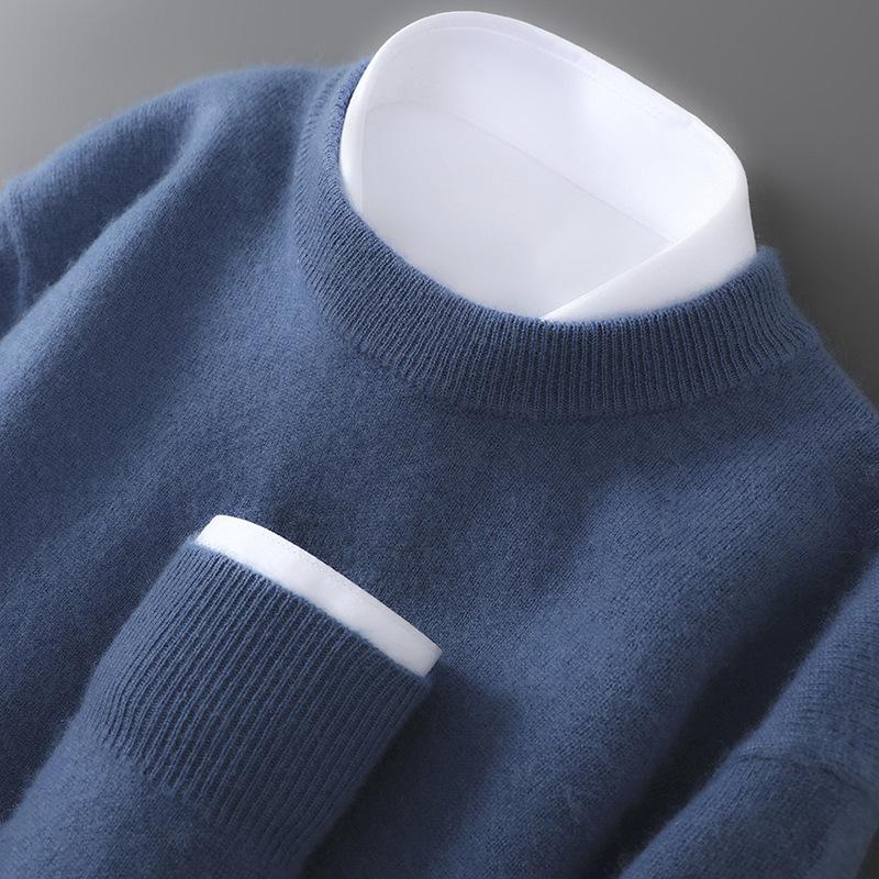 Men's 100% Australian Wool Round Neck Sweater - Casual Business Knitwear for Autumn/Winter