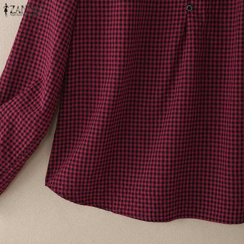 ZANZEA Women Casual Round Neck Long Sleeve Plaid Print Loose Blouse
