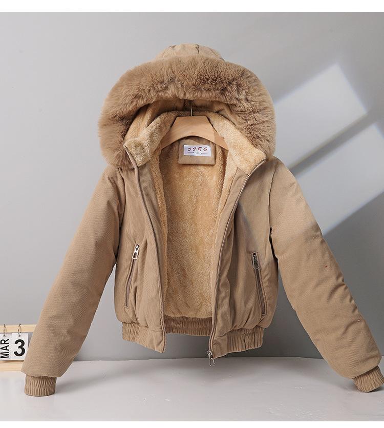 Women's Fleece-lined Cotton-padded Coat with Big Fur Collar Short Thickened Hooded Jacket
