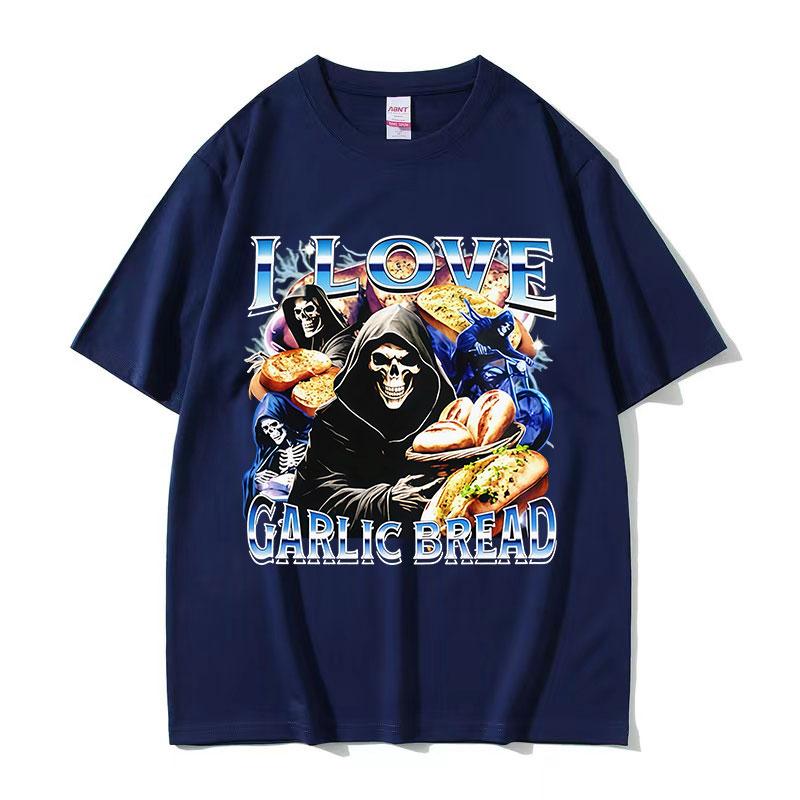 I Love Garlic Bread Skeleton Funny Graphic TShirt Mens Skeleton Fashion Short Sleeve T Shirt Vintage Gothic Clothing Tshirts