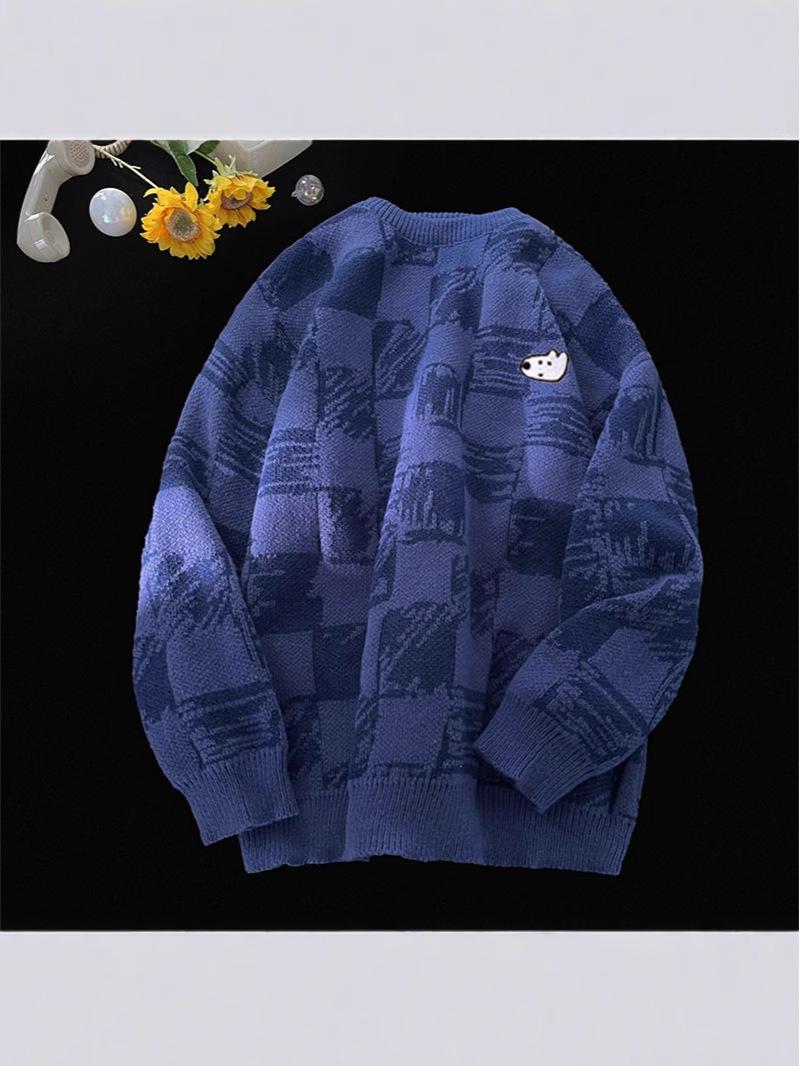 

Вязаный топ свободного кроя в стиле ретро Осень/Зима 2024 - Японский ленивый свитер для пар XL синий