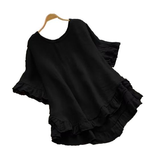 Women Tops Round Neck Short Sleeve Loose Fit Pullover Tops Pure Color Ruffle Hem