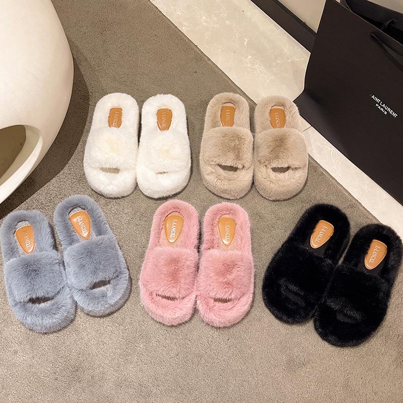 Height-increasing thick-soled fluffy slippers women's autumn and winter outer wear fluffy shoes one-word ins home home plush drag spring and summer