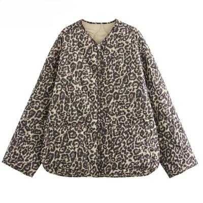 Parkas Leopard Print Quilted Jacket Women Vintage Long Sleeve Padding Warm Winter Woman Coat Zip Up Short Padded Jacket