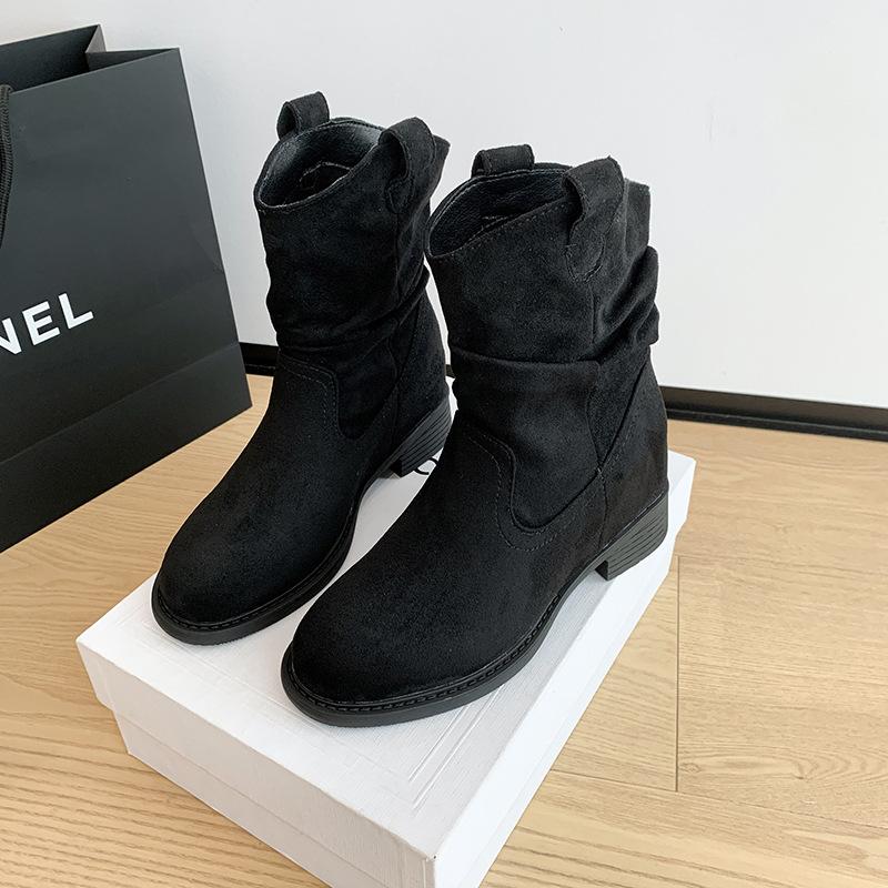 Retro round head stacking boots autumn new merard high heel western cowboy knight boots medium boots short boots