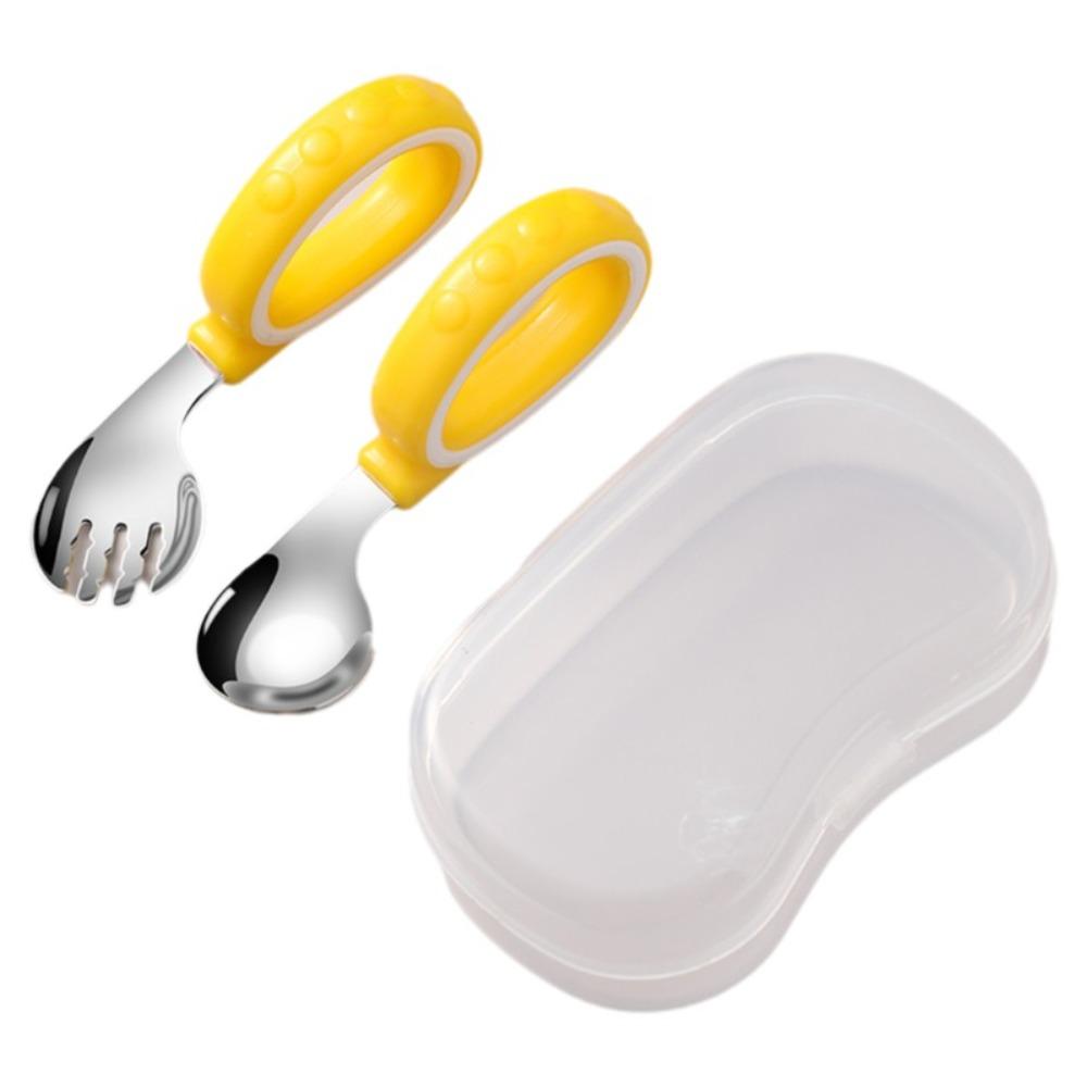 Easy Grip Baby Spoon Fork Set 316L Stainless Steel Kids Spoon Fork Portable Storage Case Home Use жёлтый