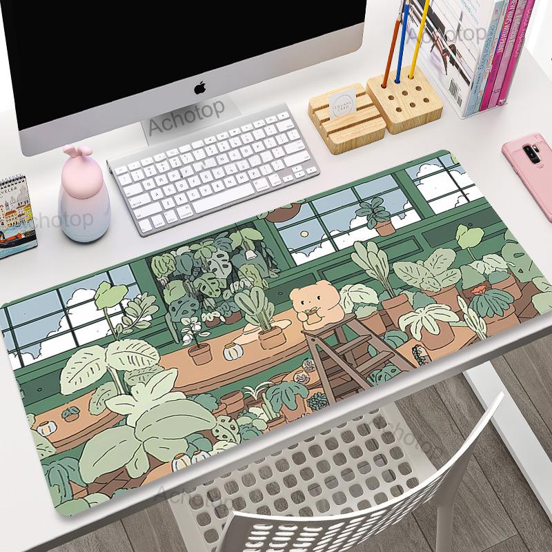 Kawaii frogs Desk Mat Large Gaming Mousepad XXL Cute Mouse Pad Anime Aesthetic Cozi Lofi Plant Green Extended Deskmat x