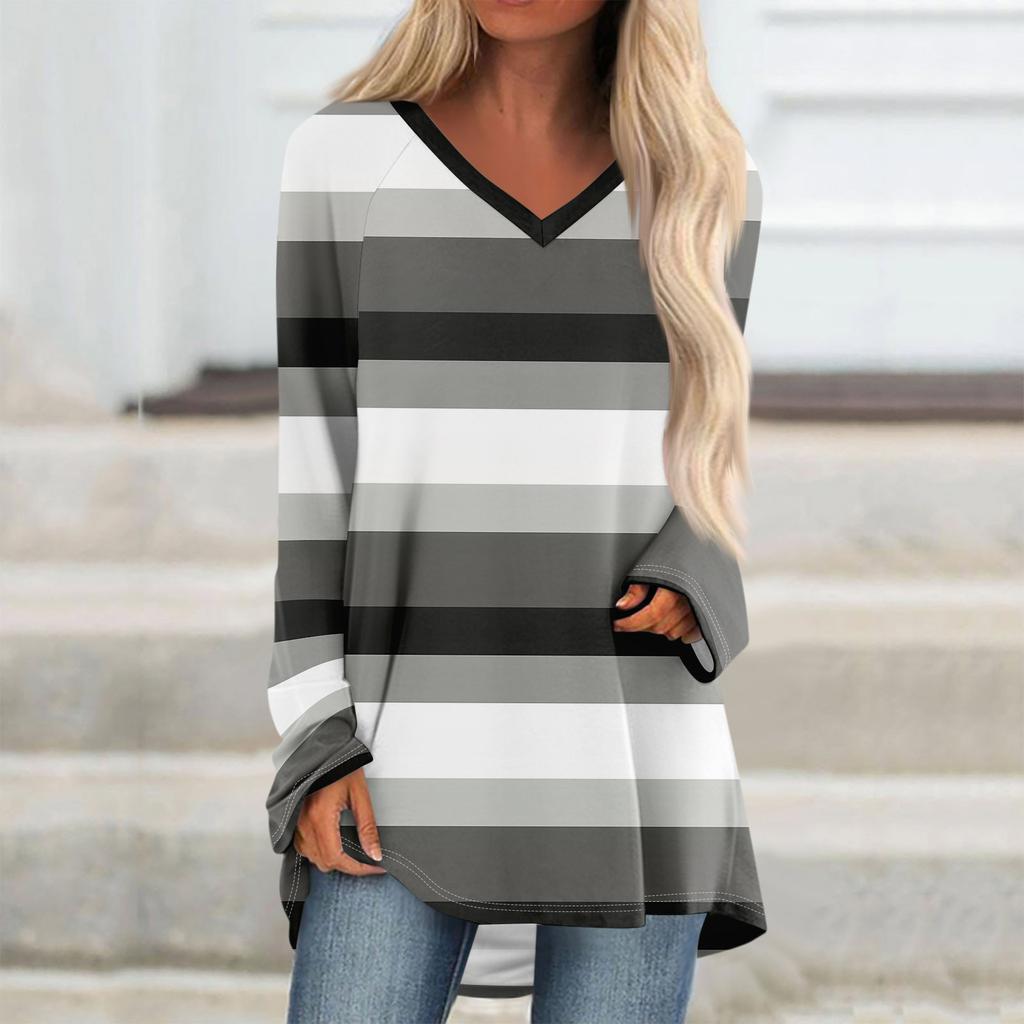 Women's  And Winter Long Sleeved V-neck Printing Casual Long Loose T-shirt Top