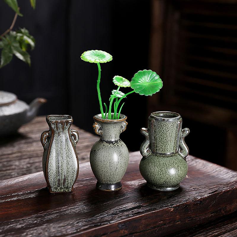 1Pc Hydroponics Chinese-Style Living Room Decoration Ceramic Small Vase Green Retro Flower Vase Crafts Tabletop Ornament
