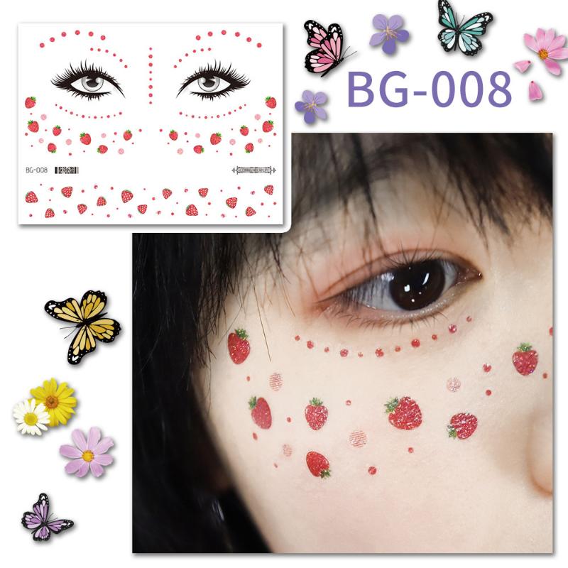 Tattoo Stickers Women's Temporary Tattoo Sticker Strawberry Flower Butterfly Waterproof Face Sticker Forehead Eye Music Festival Face Stickers