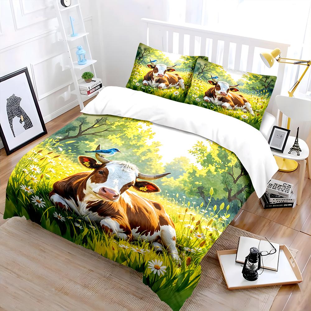 Pastoral Scene with Cow and Bird Print Soft Comfortable Duvet Cover Bedding Set Included 1*Duvet Cover 2*Pillowcases