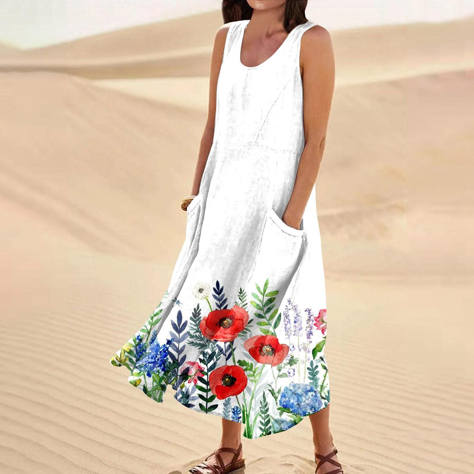 

Женское летнее свободное свободное платье с круглым вырезом и цветочным принтом без рукавов, большое свободное платье с карманами XL белый