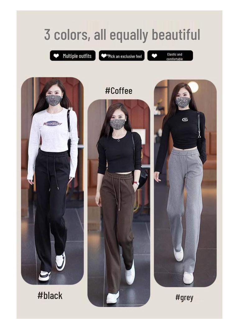 Women's Plus Velvet Wide-Leg Pants: Thick, High-Waisted, Slimming, Autumn/Winter, Plus Size, Loose-Fit, Casual, Trendy.