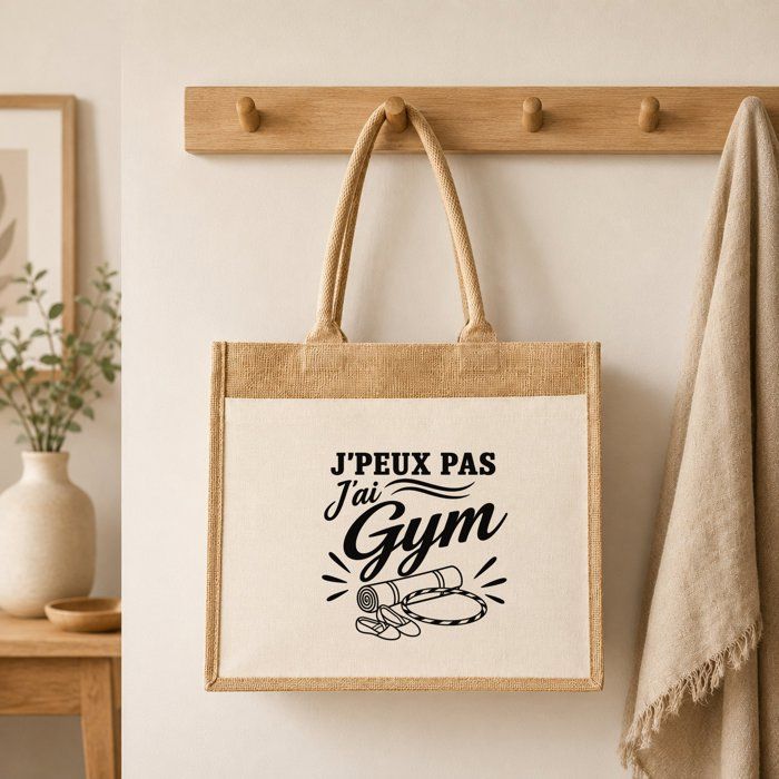 Sac cabas - PLANETEE - J’peux pas j’ai Gym (minimaliste) - Toile de jute et coton - 21 L - Anses 65 cm
