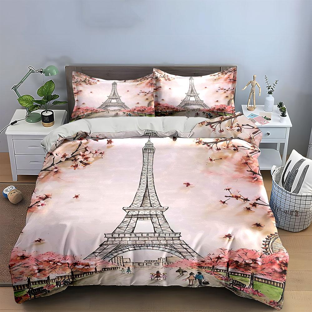 Eiffel Tower Floral Bedding Set Bedding Duvet Cover Set Duvet Cover Pillowcases (1 * Duvet Cover 2 * Pillowcases, without duvet insert)