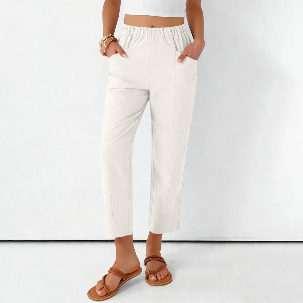 Women's Fashionable Loose-Fit Pocket Cotton-Linen Blend High-Waisted Wide-Leg Pants Casual Cropped Trousers