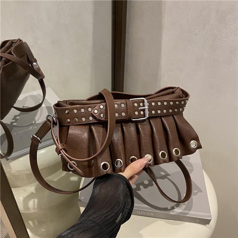 

Fashion Y2k Studded Shoulder Bag Ruffled Skirt Belt Buckle Design Women Exquisite Versatile Handbag Cool Metallic Crossbody Bag коричневий